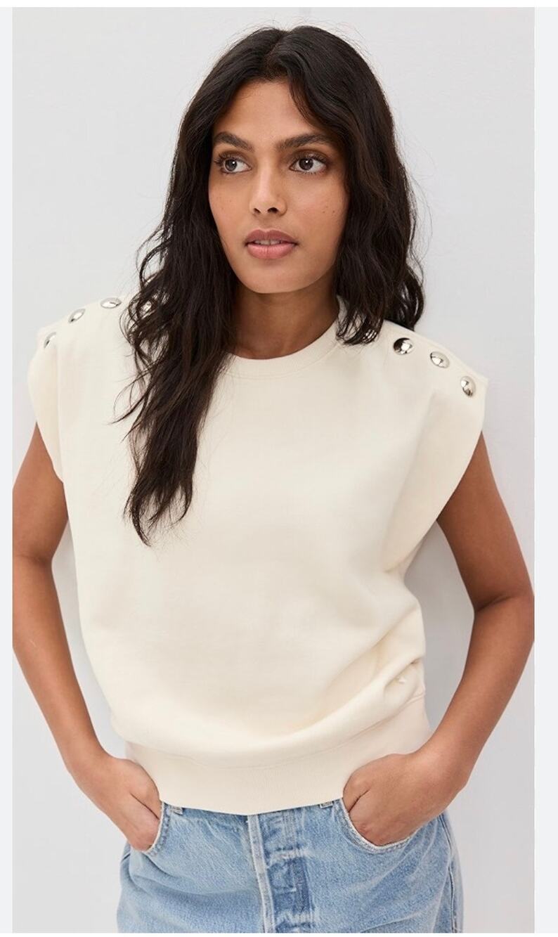 Clare V Le Vest Oversized Cotton Studded Sleeveless Top Cream XL